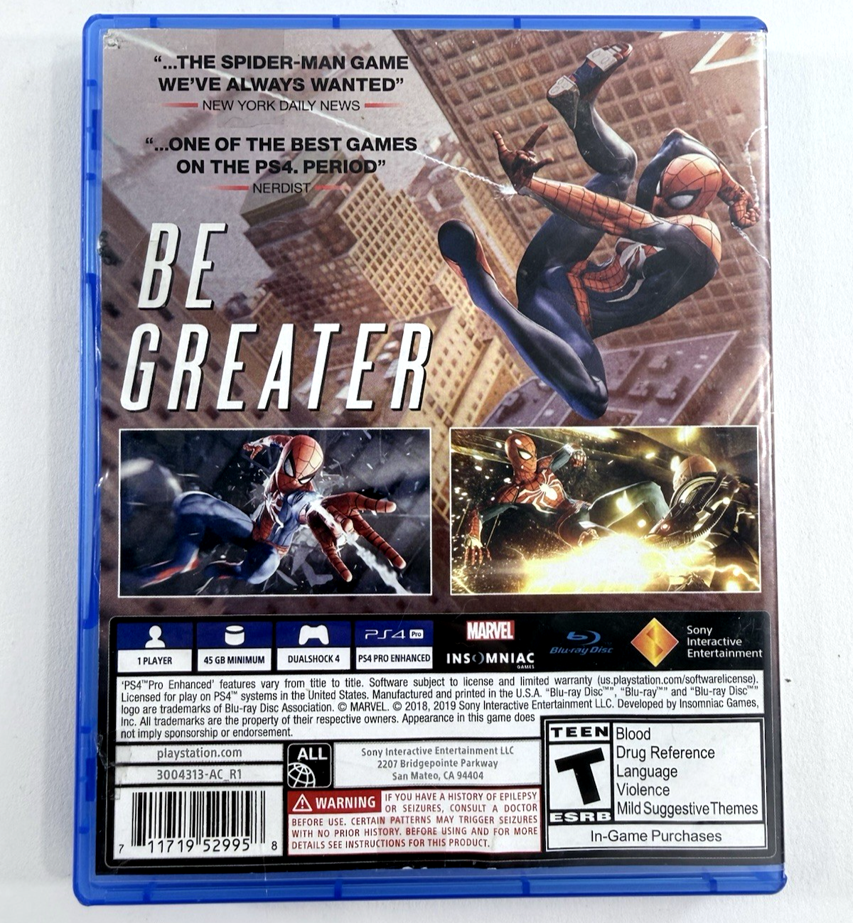 Marvel Spider-Man (PlayStation 4, 2018) Game, Case, Insert - Tested and Working