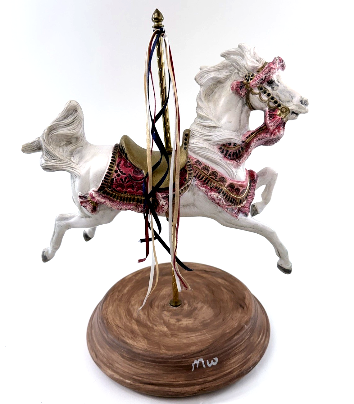 Large 13” Ceramic Carousel Horse Figurine with Ribbons Pink And Gold Trim