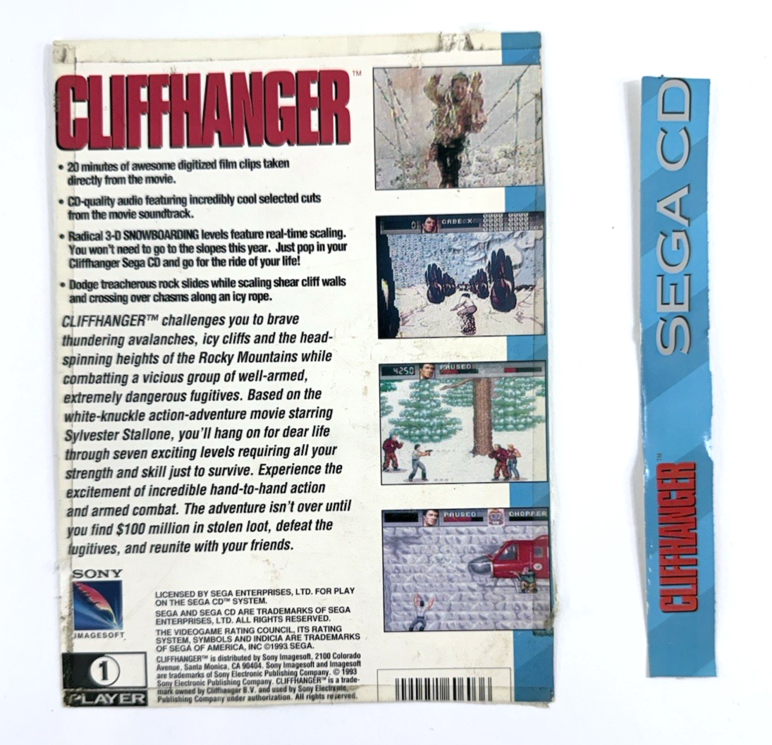 Cliffhanger (Sega CD, 1993) Game Disc and Manual - Tested - Read