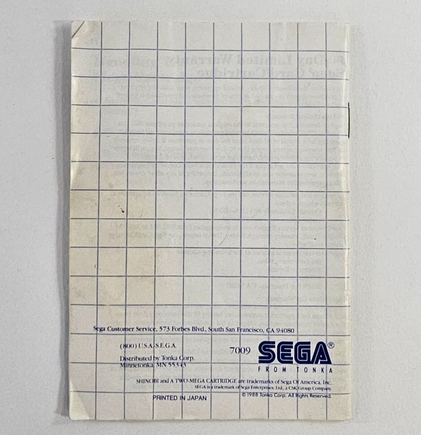 Shinobi (Sega Master System, 1988) Game Case Manual - Tested and Working