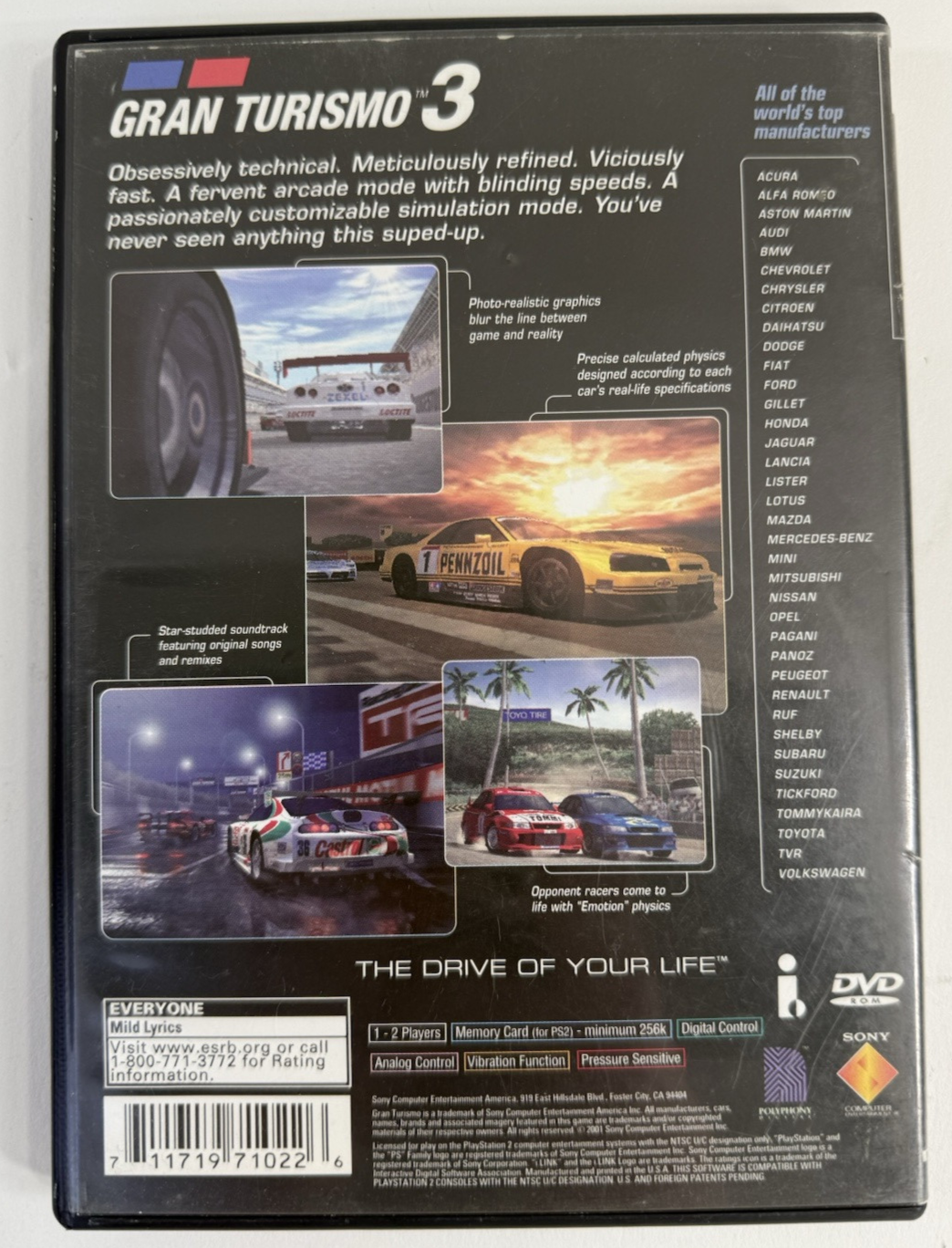Gran Turismo 3 A-spec (PlayStation 2, 2001) Black Label Game Case Manual -Tested