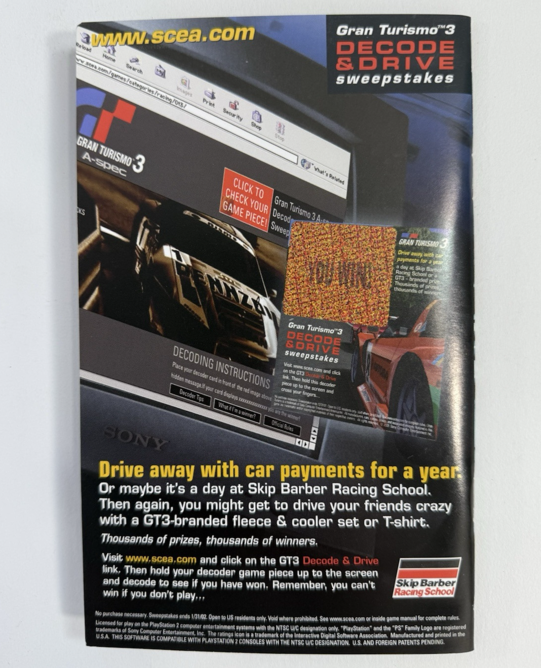 Gran Turismo 3 A-spec (PlayStation 2, 2001) Black Label Game Case Manual -Tested