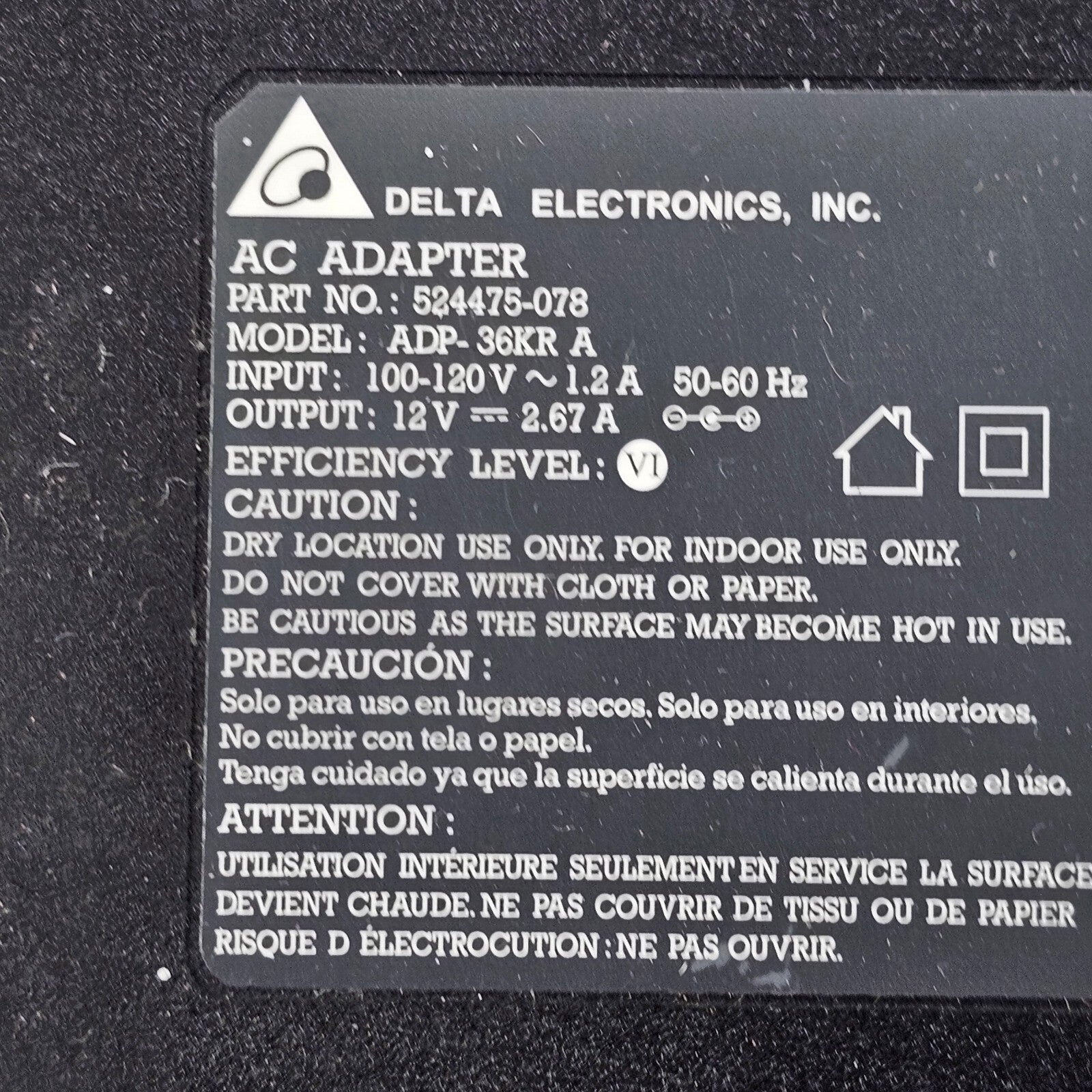 Delta Electronics ADP-36KRA 12V 2.67A AC/DC Adapter - Tested and Working