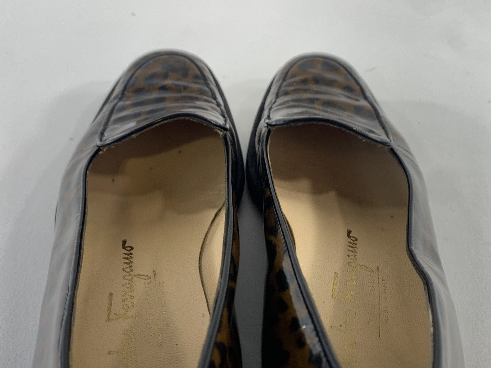 Salvatore Ferragamo Cognac Size 7 AA Leopard Print Brown Patent Leather Flats