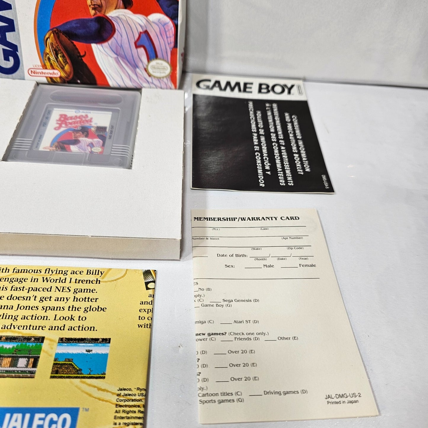 Bases Loaded (GameBoy, 1990) Game Box Manual Inserts Poster Registration -Tested