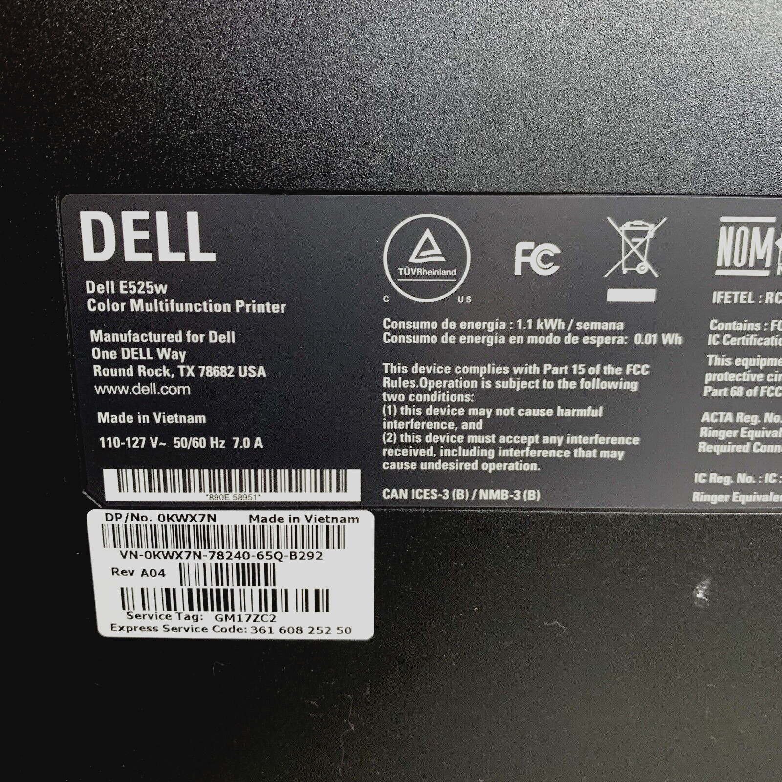 Dell E525W Wireless All-in-One Laser Printer - Tested and Working - Read