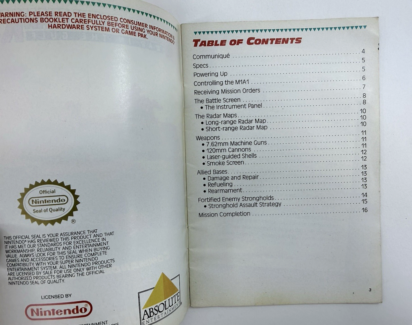 Garry Kitchen's Super Battletank War In The Gulf Instruction Manual SNS-SB-USA-1