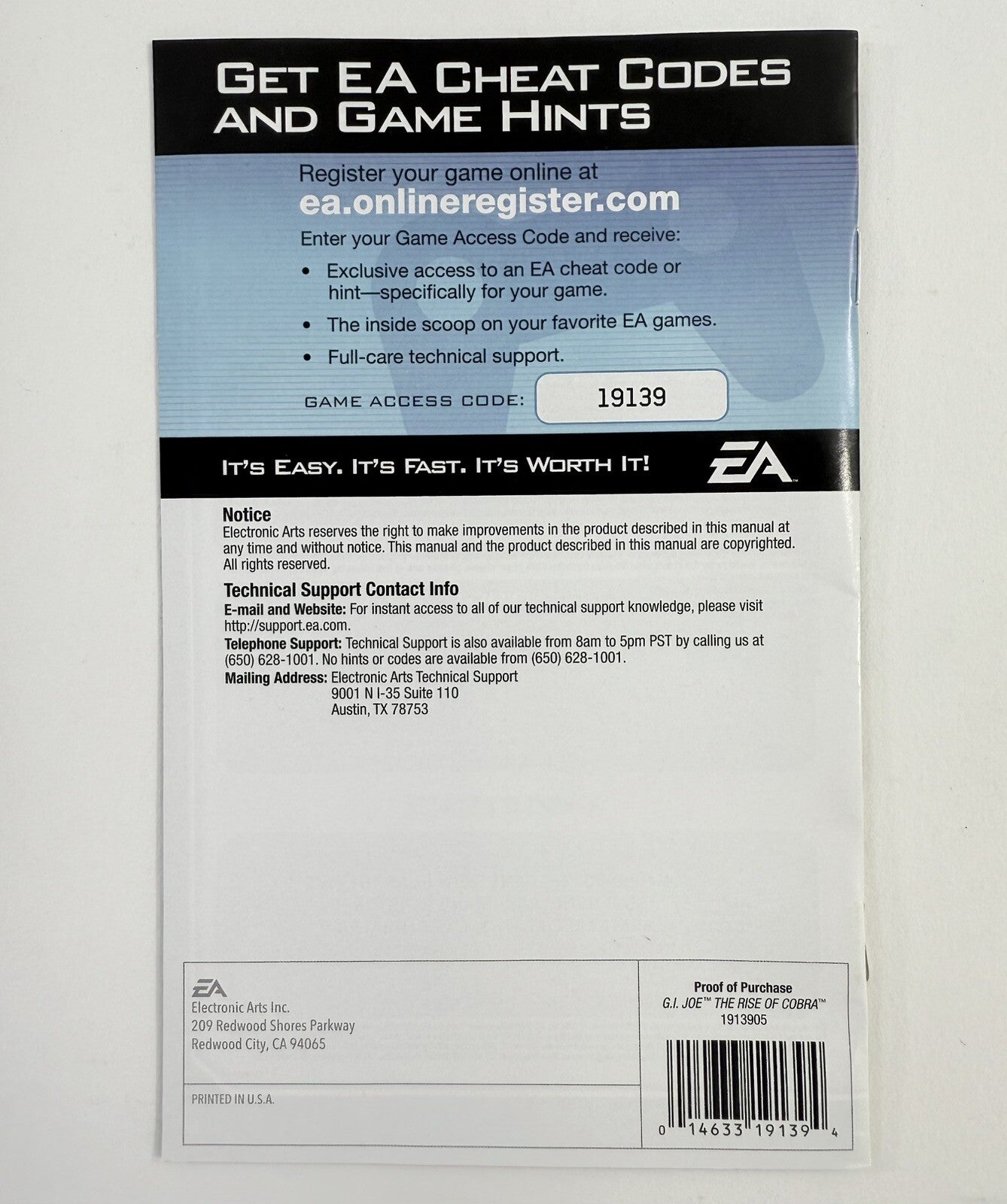 G.I. Joe: The Rise of Cobra (Nintendo Wii, 2009) Game Case Manual Insert -Tested