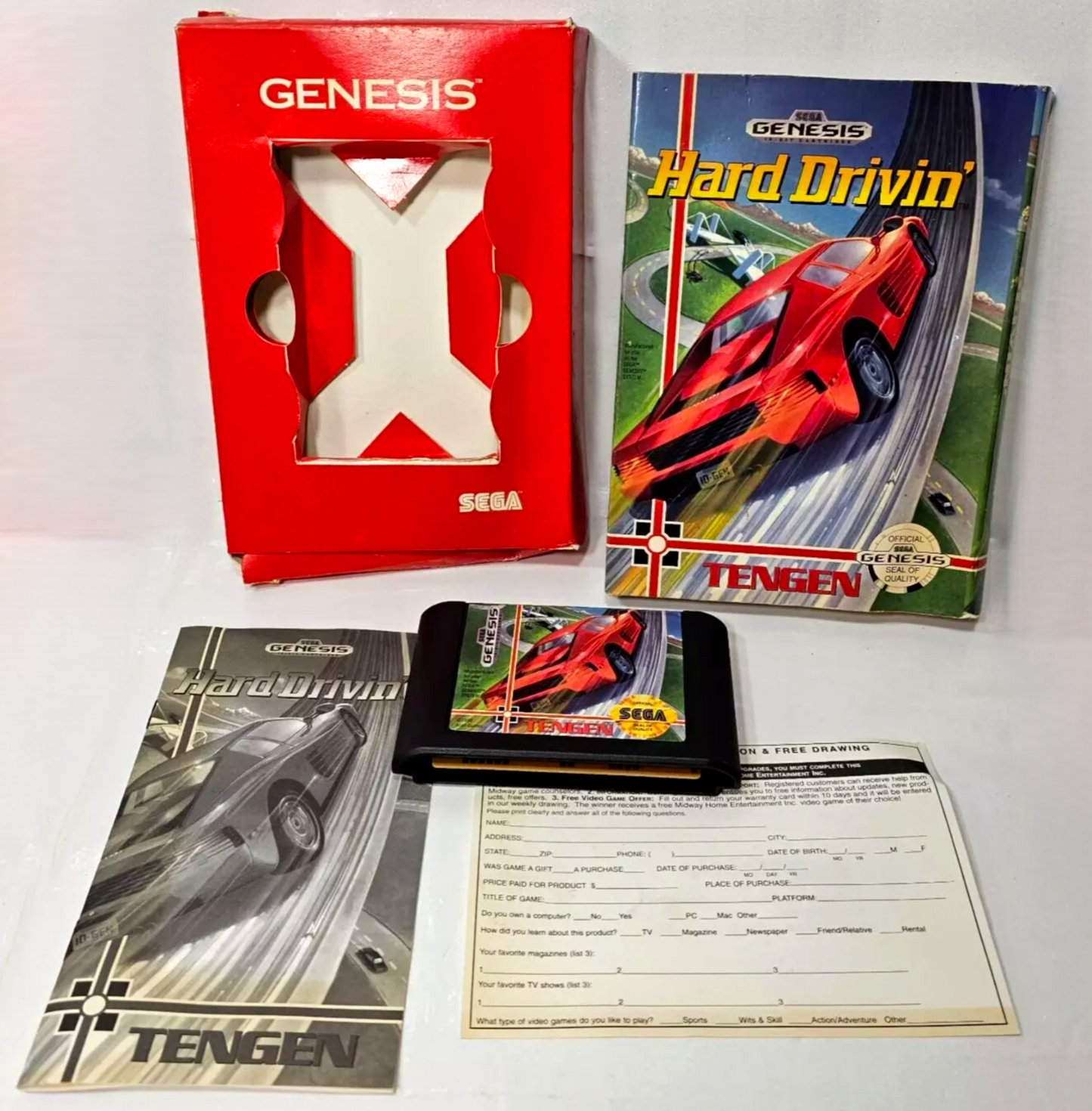 Hard Drivin' (Sega Genesis, 1991) - Game Case Manual Registration Card - Tested