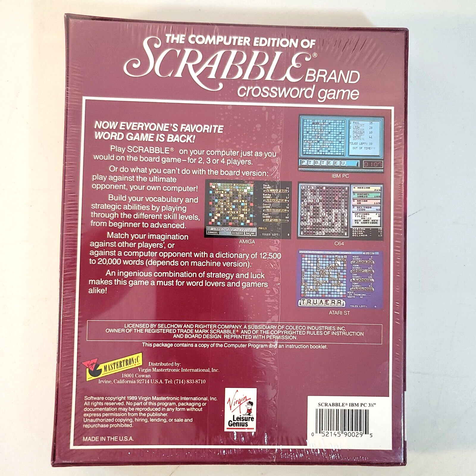 Virgin 1989 Scrabble Crossword Game IBM PC 5 1/4” Floppy disk - New