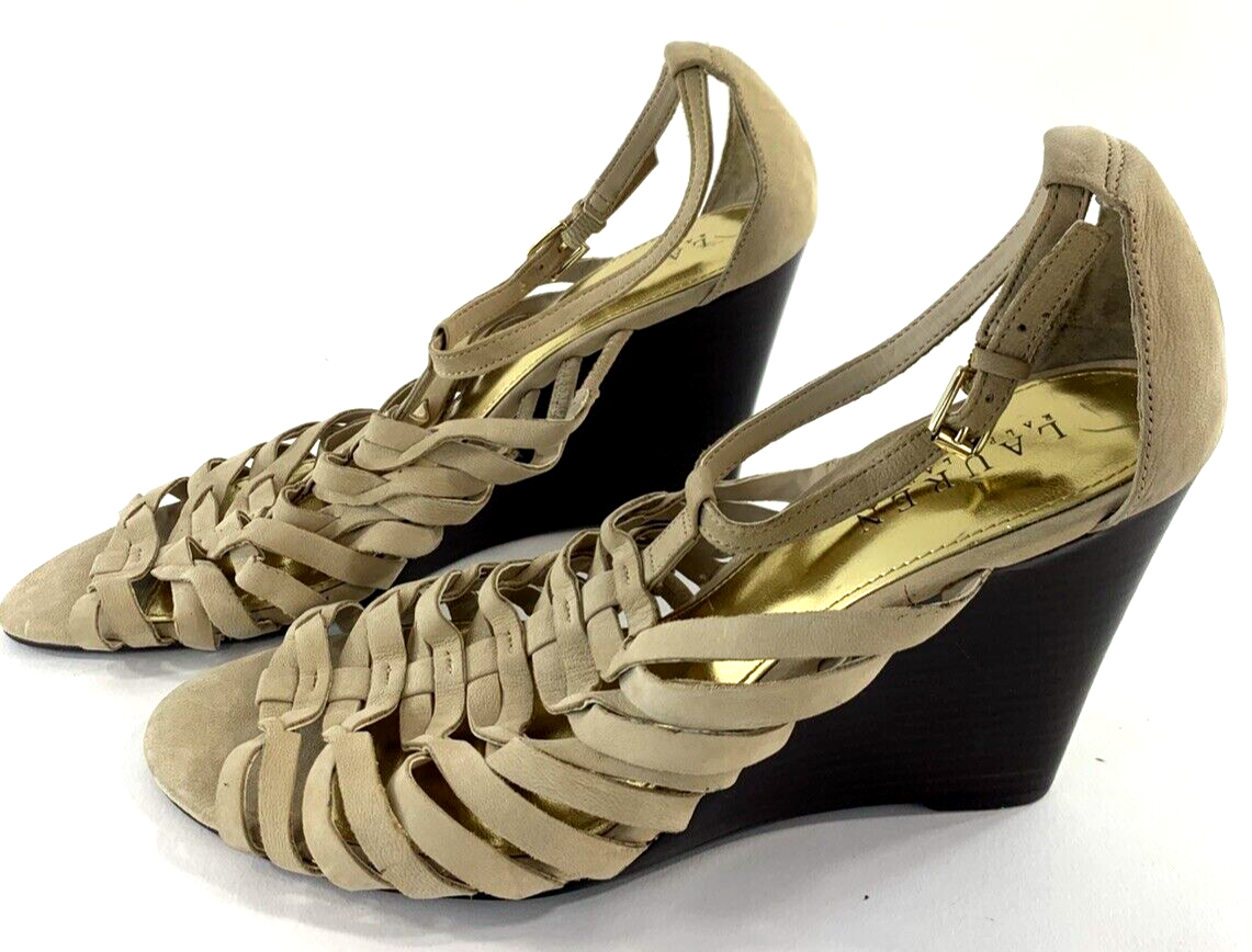 Ralph Lauren Damalise Beige Leather Wedge Sandals Size 9.5B