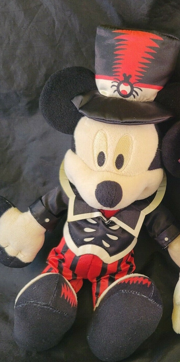 Disney Halloween 13” Mickey Mouse Plush Red / Black Satin Outfit Top Hat Spider