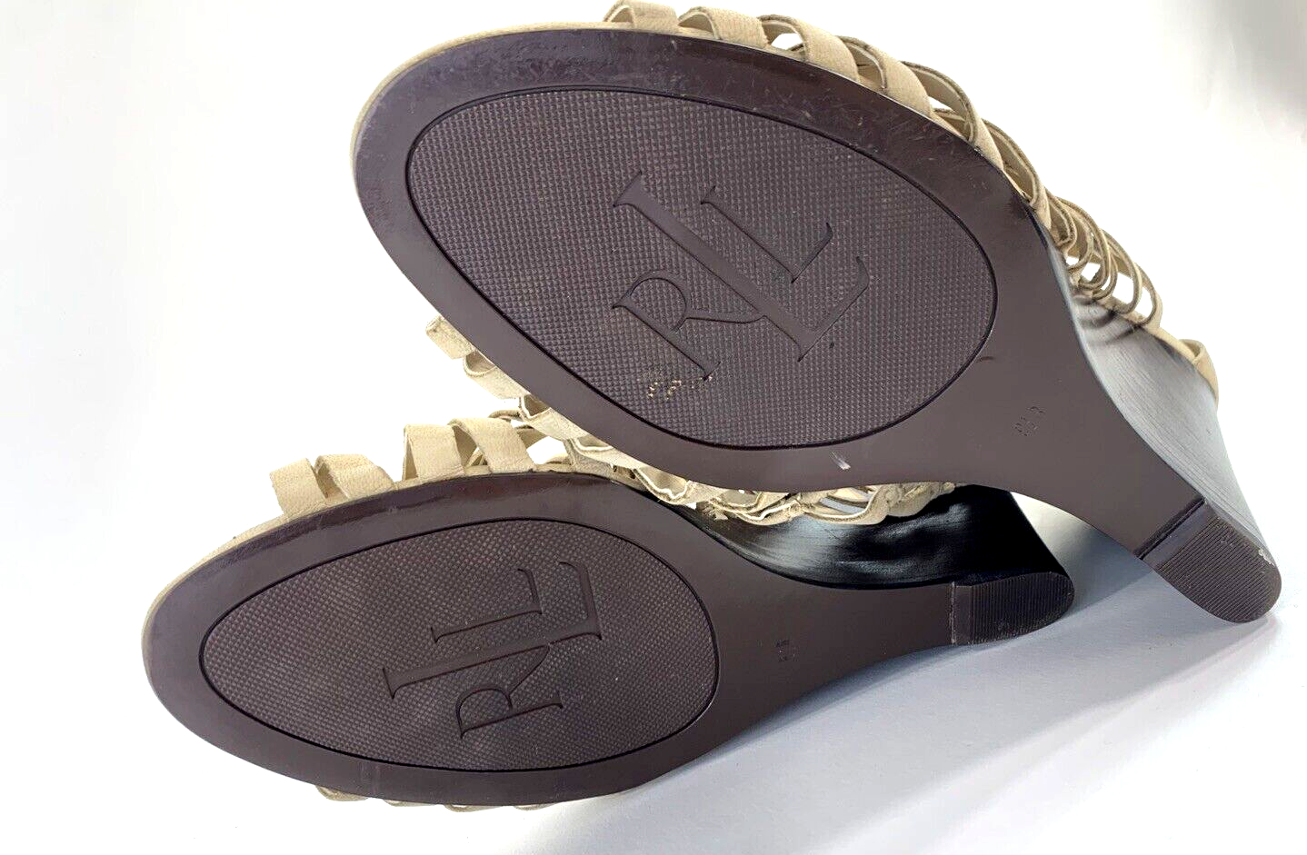 Ralph Lauren Damalise Beige Leather Wedge Sandals Size 9.5B