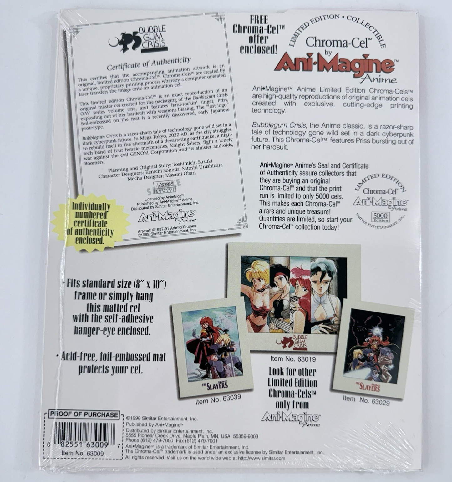 Bubblegum Crisis 1998 Ani-Magine Anime Limited Edition 63009 Chroma Cel -Sealed