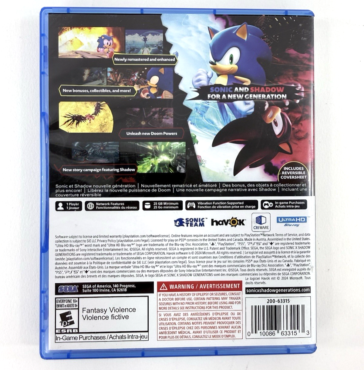 Sonic X Shadow Generations (PlayStation 5, 2024) Game, Case, Journal, Inserts