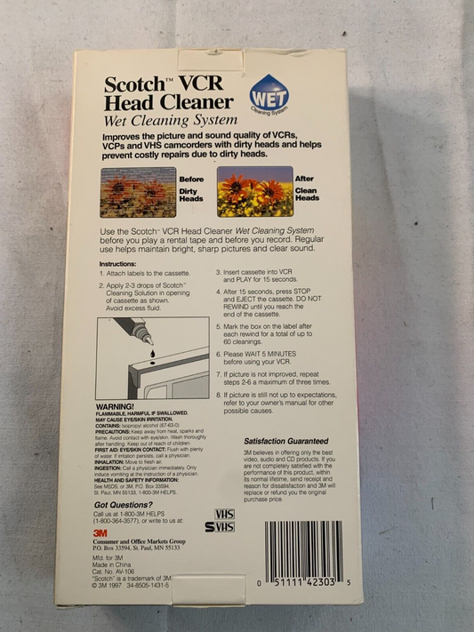 SCOTCH 3M VCR HEAD CLEANER Wet Cleaning Solutions VHS  Good condition