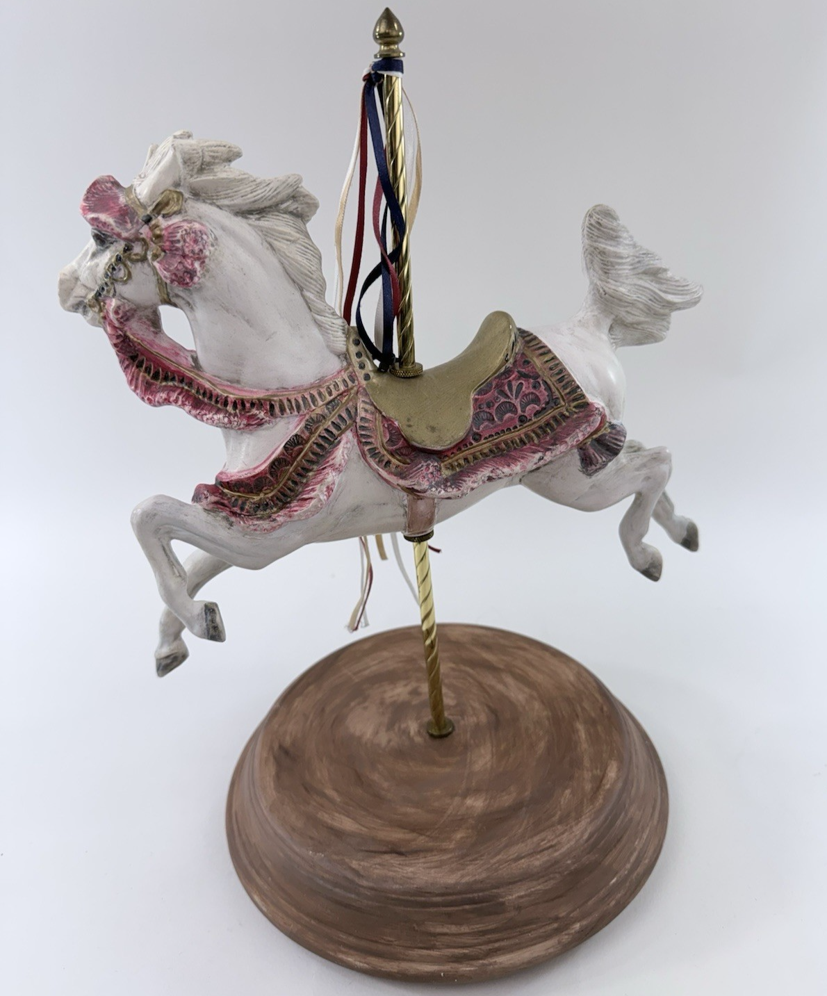 Large 13” Ceramic Carousel Horse Figurine with Ribbons Pink And Gold Trim