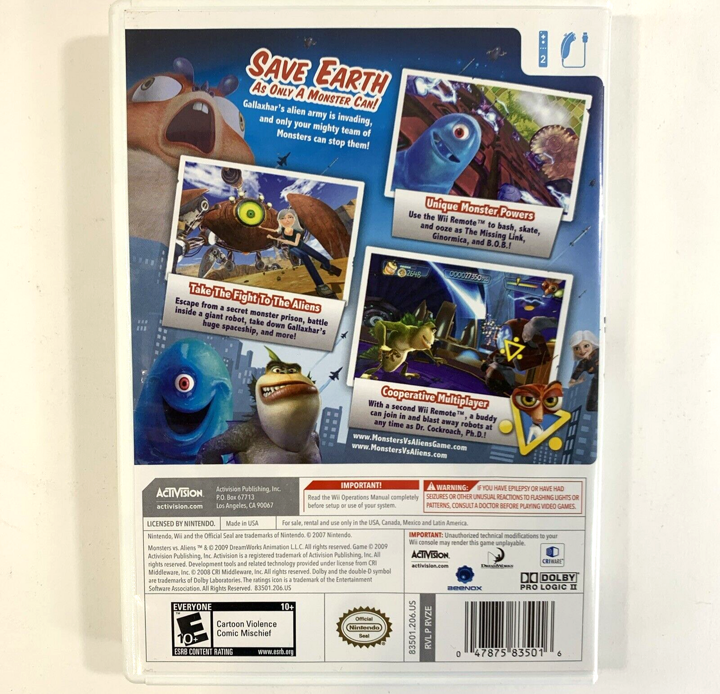 Monsters vs. Aliens (Nintendo Wii, 2009) Game Case Manual - Tested and Working