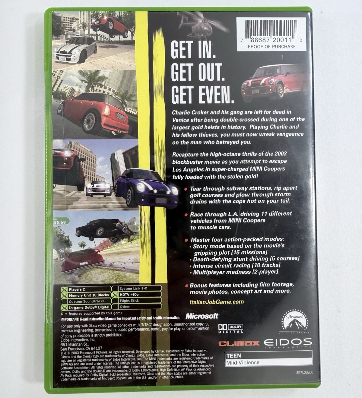 The Italian Job (Microsoft Xbox, 2003) Game and Case - Tested and Working