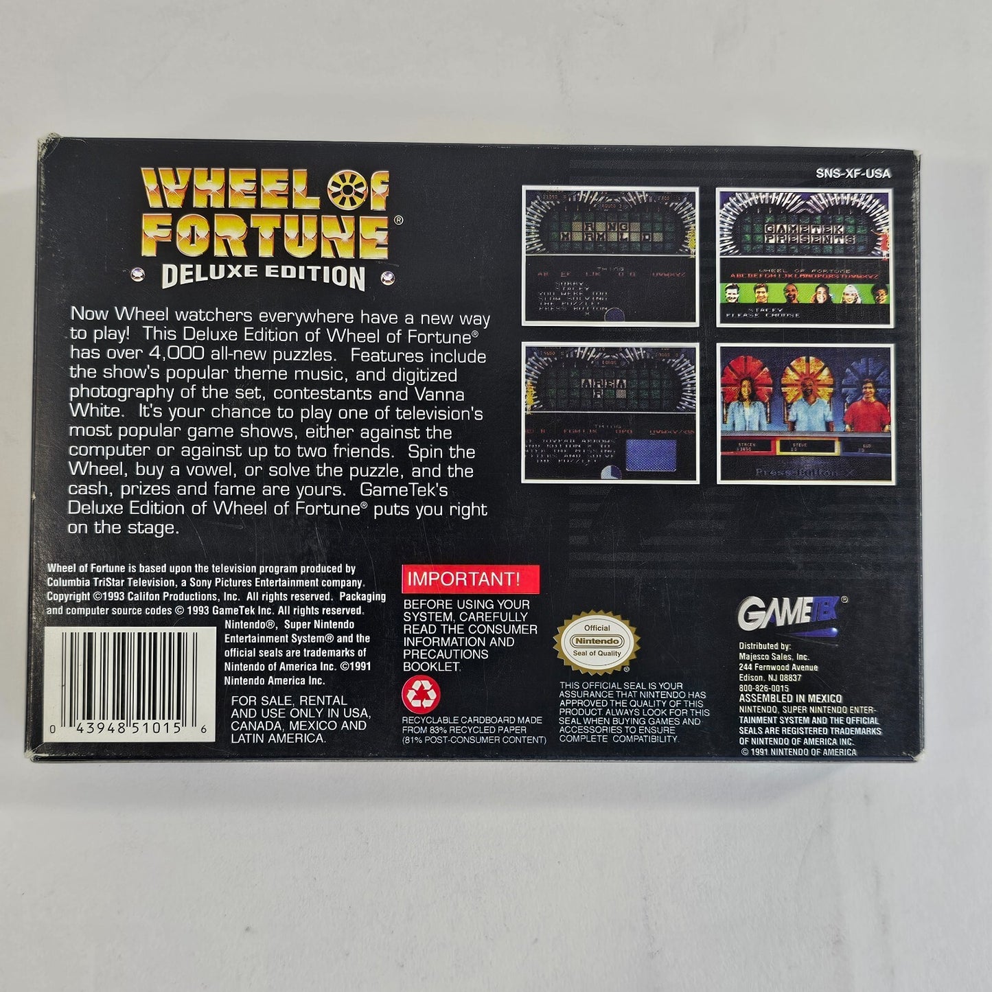 Wheel of Fortune Deluxe Edition (Super Nintendo, 1993) Game Box Manual Insert