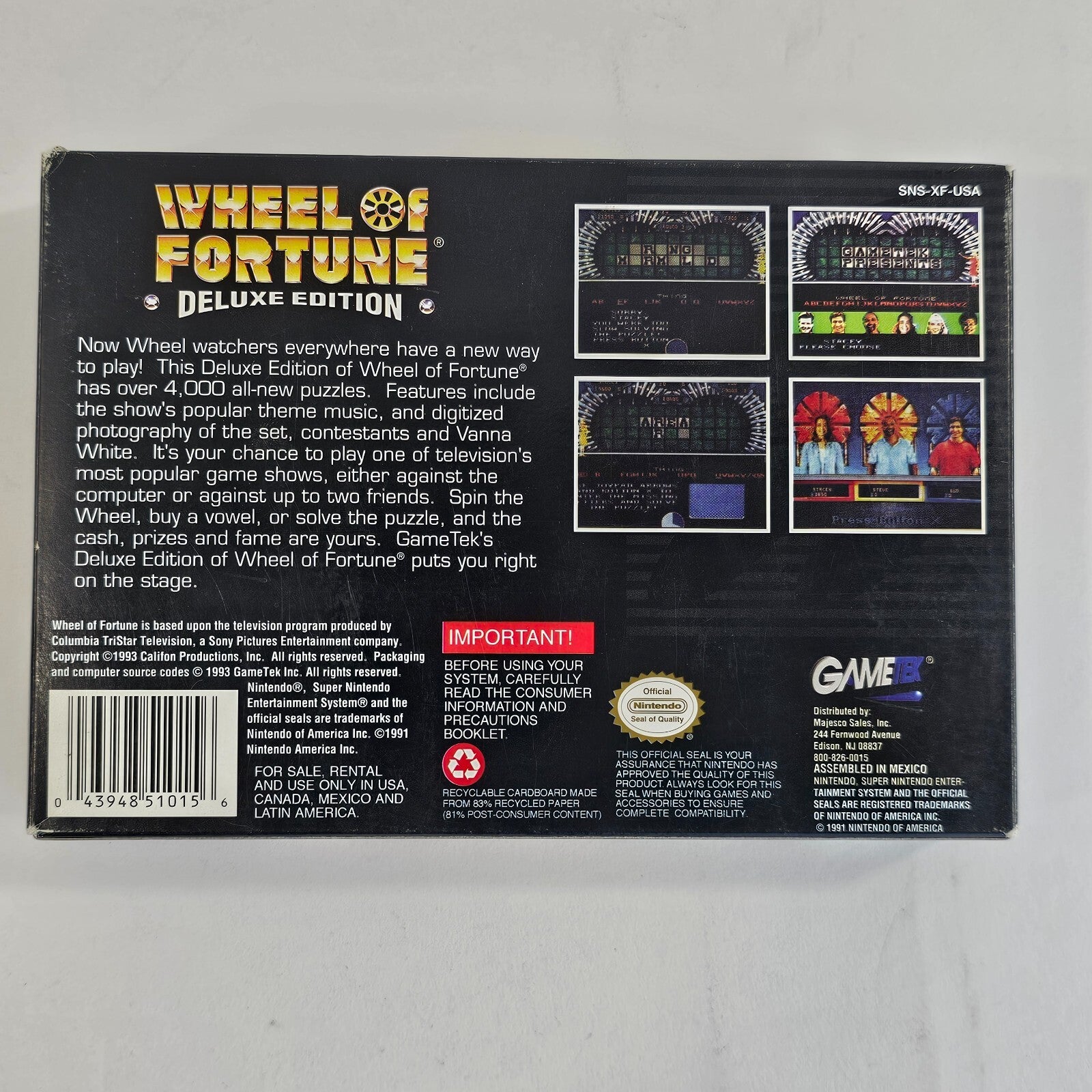 Wheel of Fortune Deluxe Edition (Super Nintendo, 1993) Game Box Manual Insert