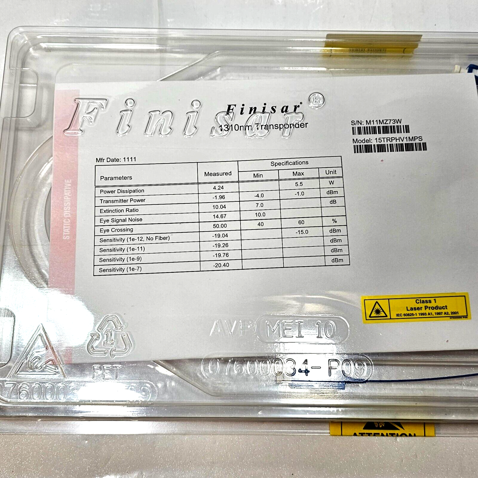 Finisar 1310nm Transponder 15TRPHV1MPS - New, Factory Sealed