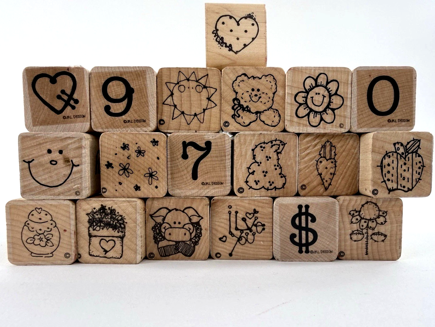 19 Pcs. Vintage Mini Wood Mounted Stamps -  Numbers Flowers Expressions Animals