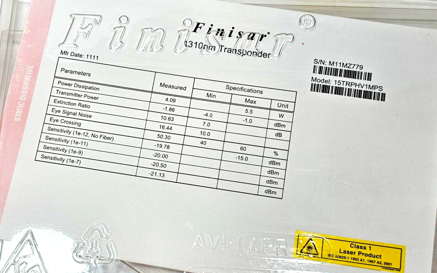 Finisar 1310nm Transponder 15TRPHV1MPS - New/Factory Sealed