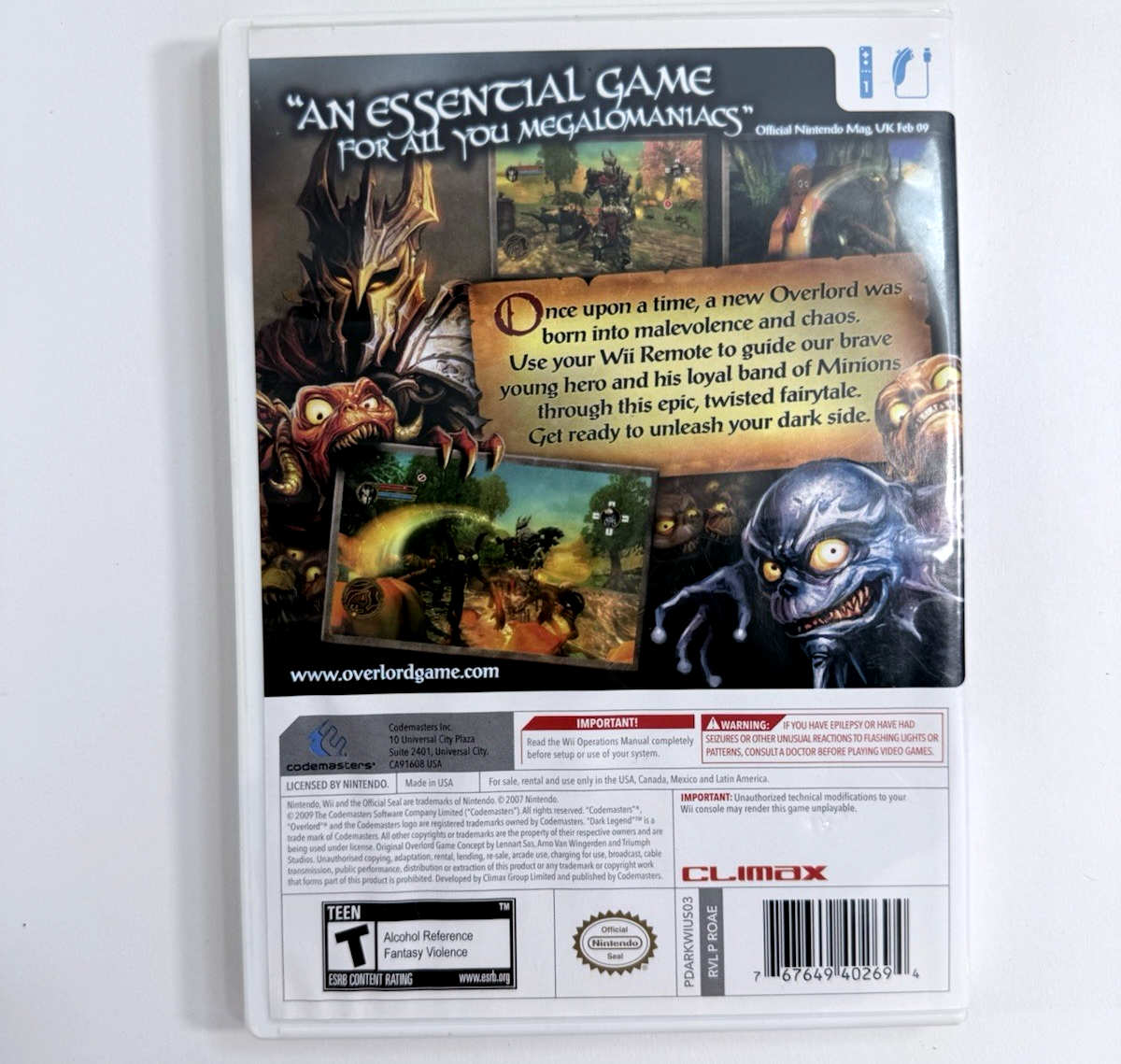 Overlord: Dark Legend (Nintendo Wii, 2009) Game, Case, Manual - Tested