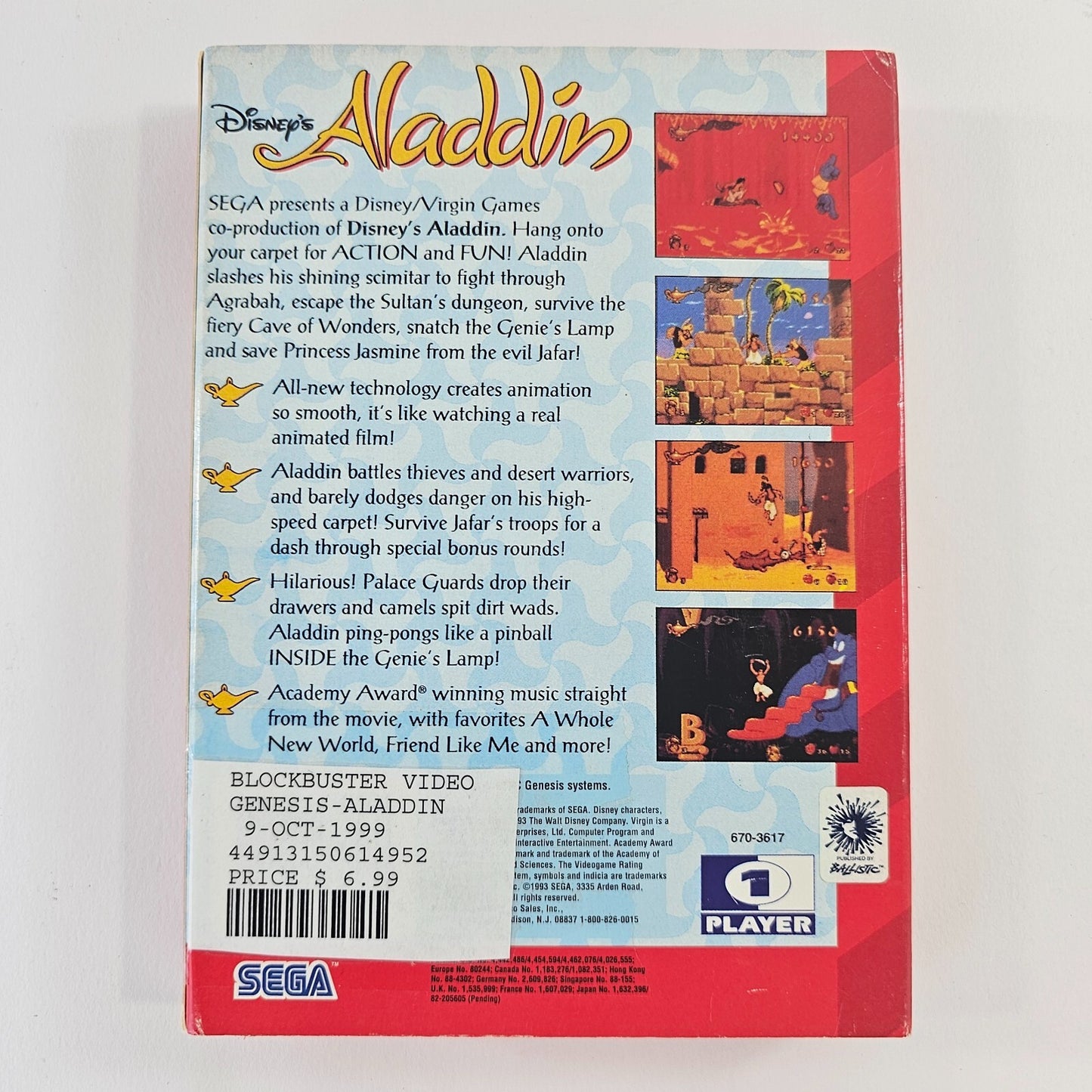 Disney's Aladdin (Sega Genesis, 1993) Game Box Registration Card - Tested