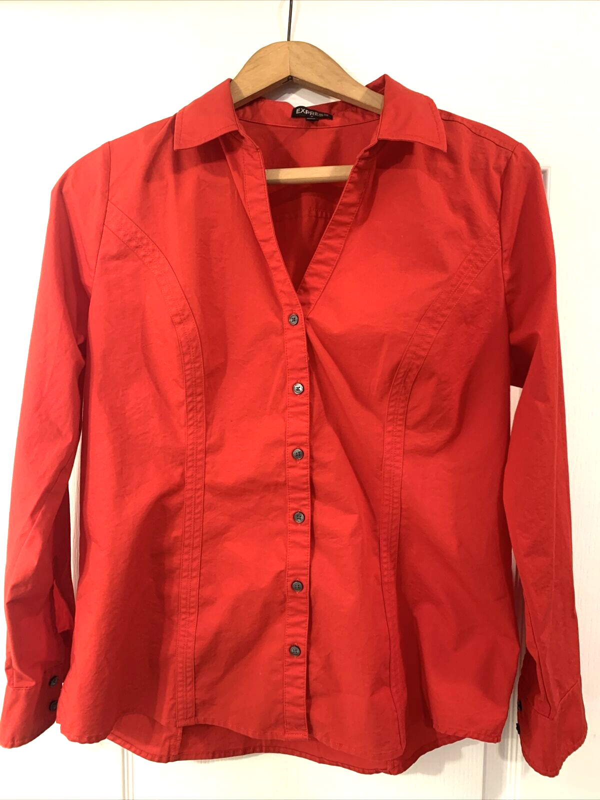 Express Women's Button Up Long-Sleeve Essential Large Red Business Casual Top