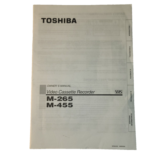 Toshiba owners manual video cassette recorder m-265 m-245 in English Vintage