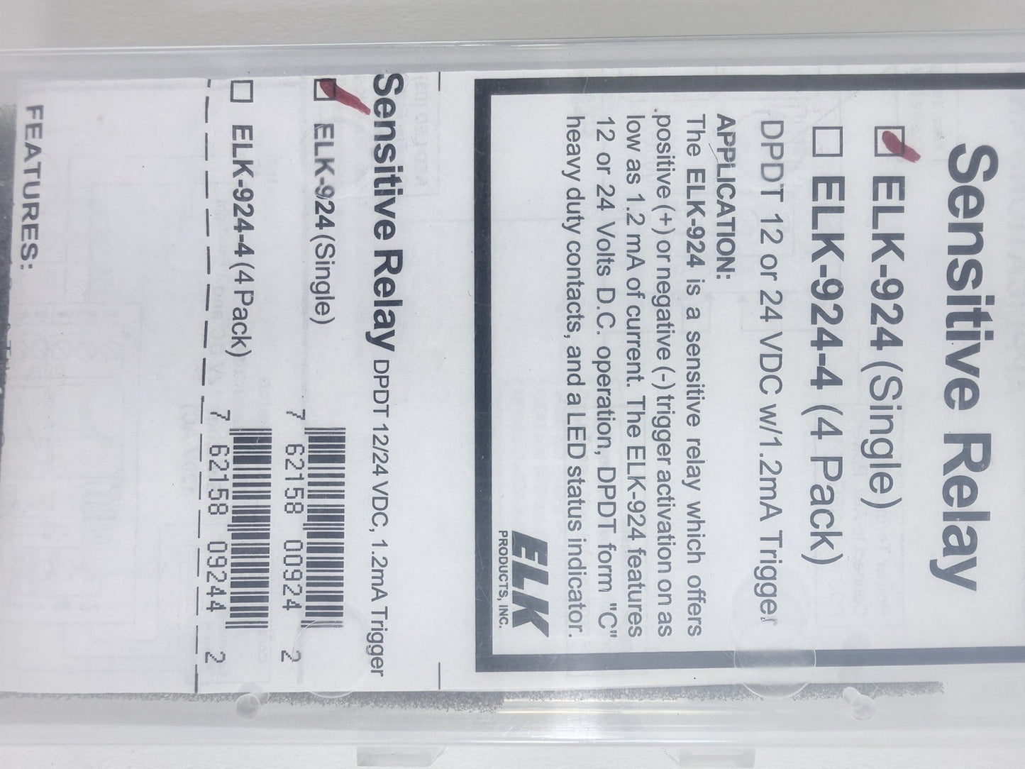 ELK-924 Sensitive Relay Module DPDT 12/24 VDC w/ 1.2 mA Trigger  - Open Box