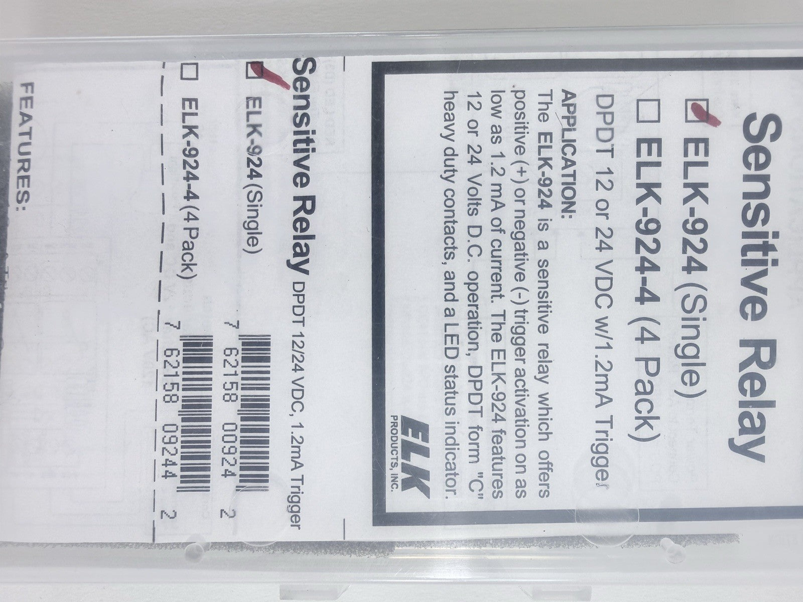 ELK-924 Sensitive Relay Module DPDT 12/24 VDC w/ 1.2 mA Trigger  - Open Box