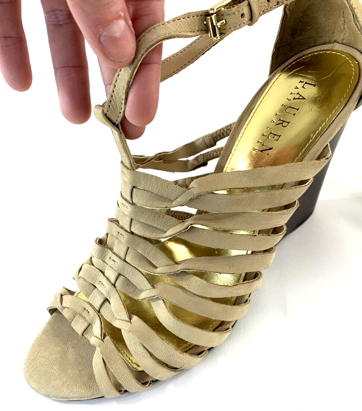 Ralph Lauren Damalise Beige Leather Wedge Sandals Size 9.5B