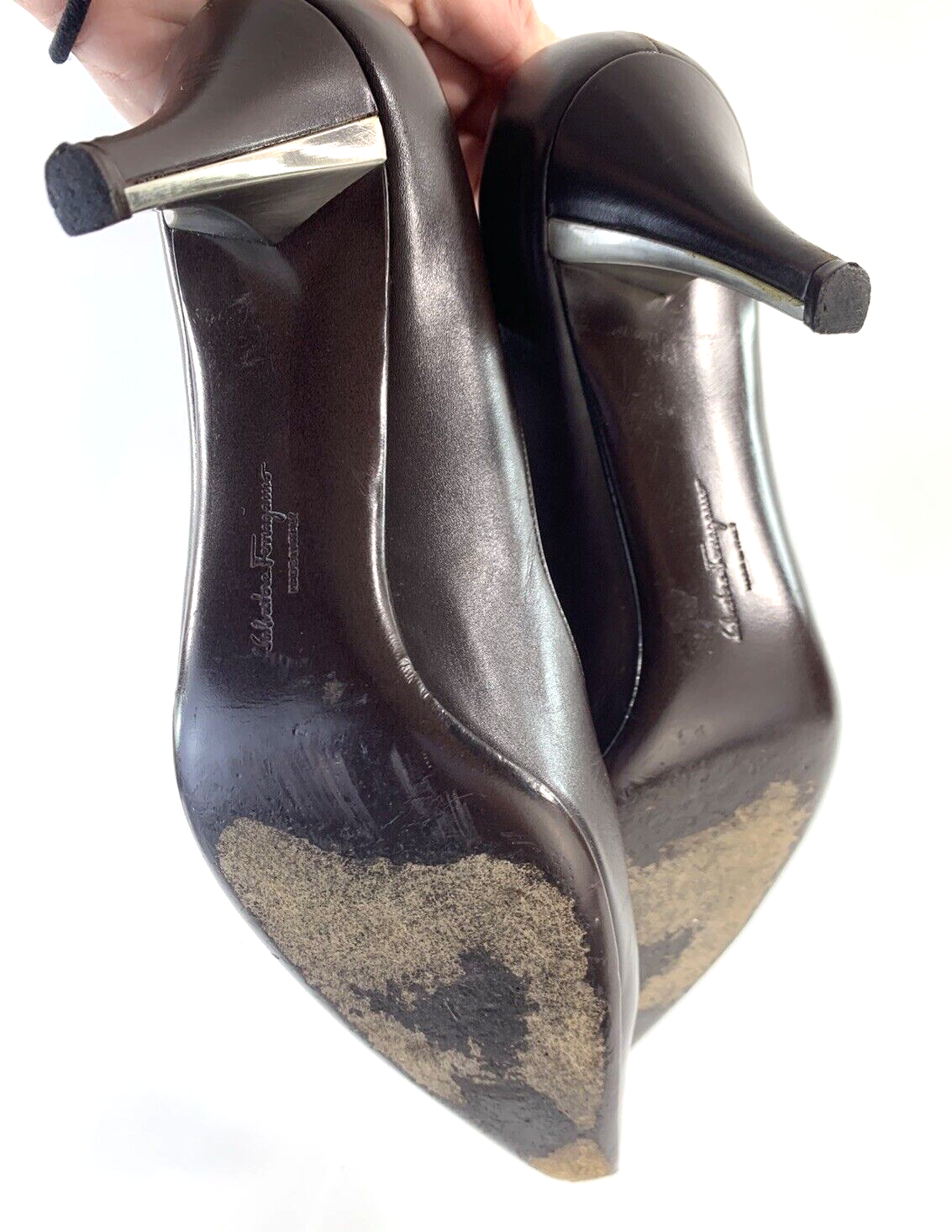 Salvatore Ferragamo Size 7.5 AA Brown Leather Heels Pointed Toe Dress Shoes