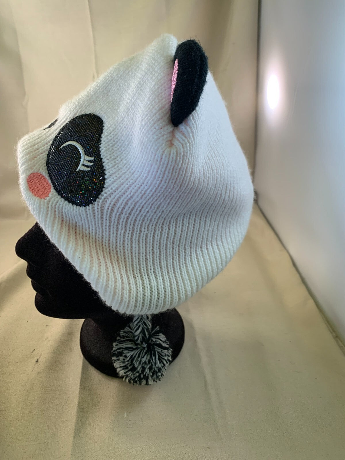 Girl's Knit Hat White & Black Panda Fleece-Lined Warm Kawaii