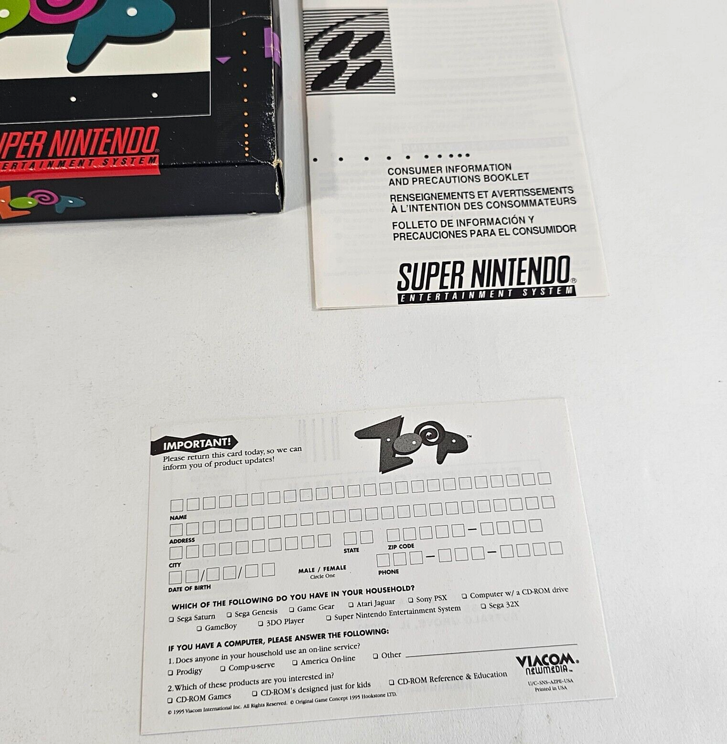 Zoop (Super Nintendo SNES, 1995) Game Box Manual Insert Registration - Tested
