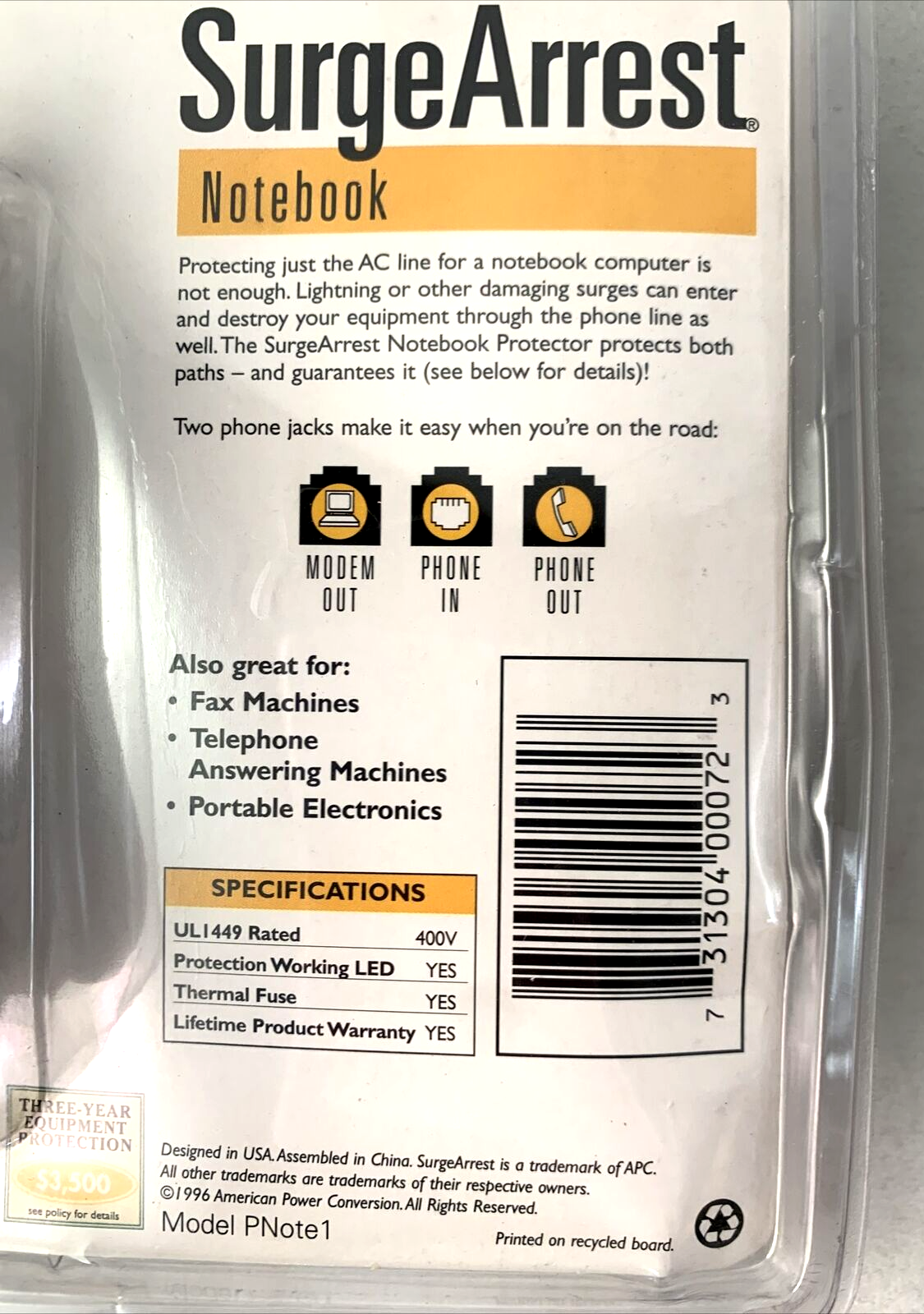 APC SurgeArrest Notebook Laptop Surge Protector 400V Model PNote 1 - New