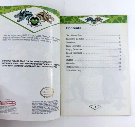 Tradewest 1993 Battletoads & Double Dragon Instruction Manual SNS-UL-USA