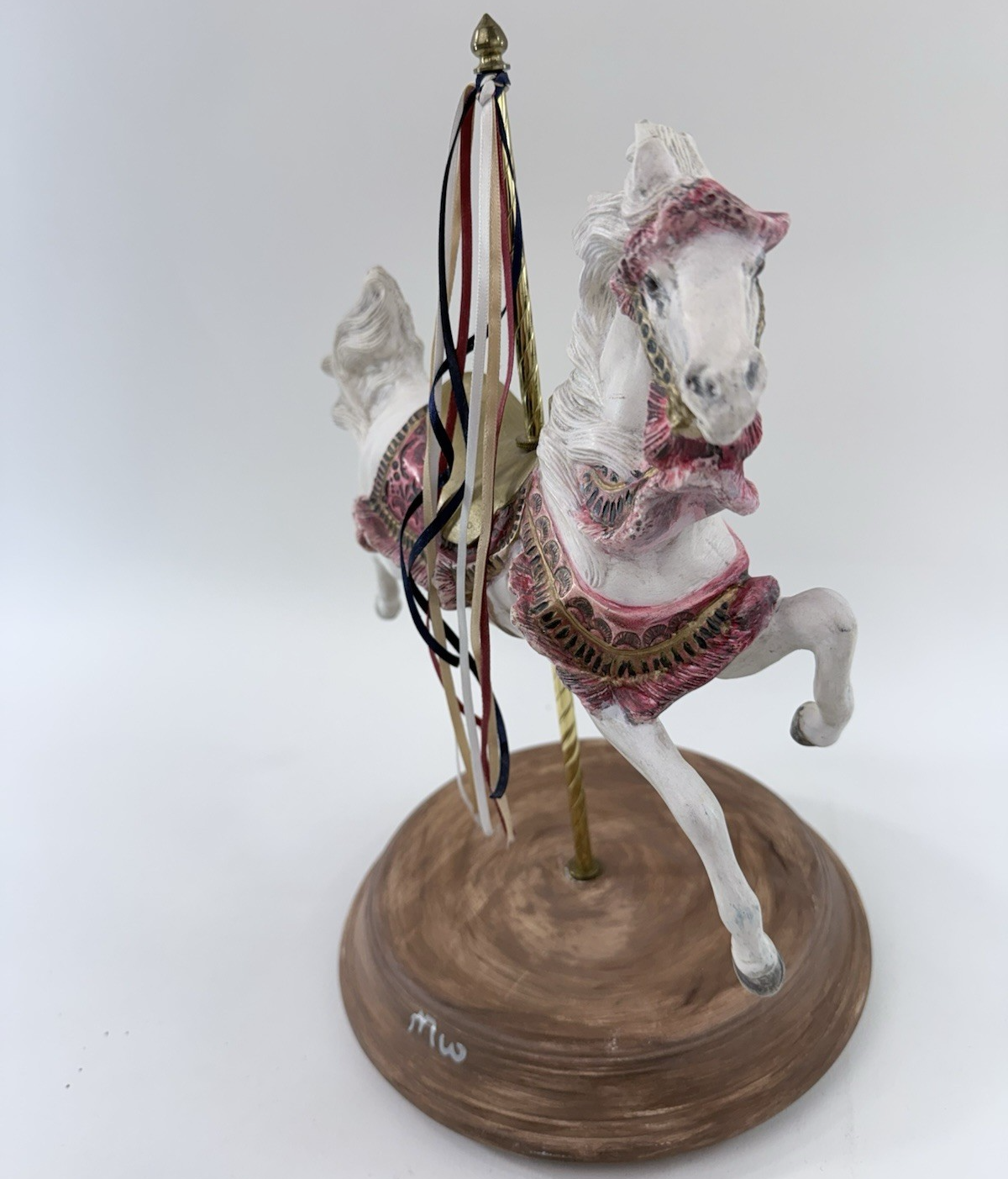 Large 13” Ceramic Carousel Horse Figurine with Ribbons Pink And Gold Trim
