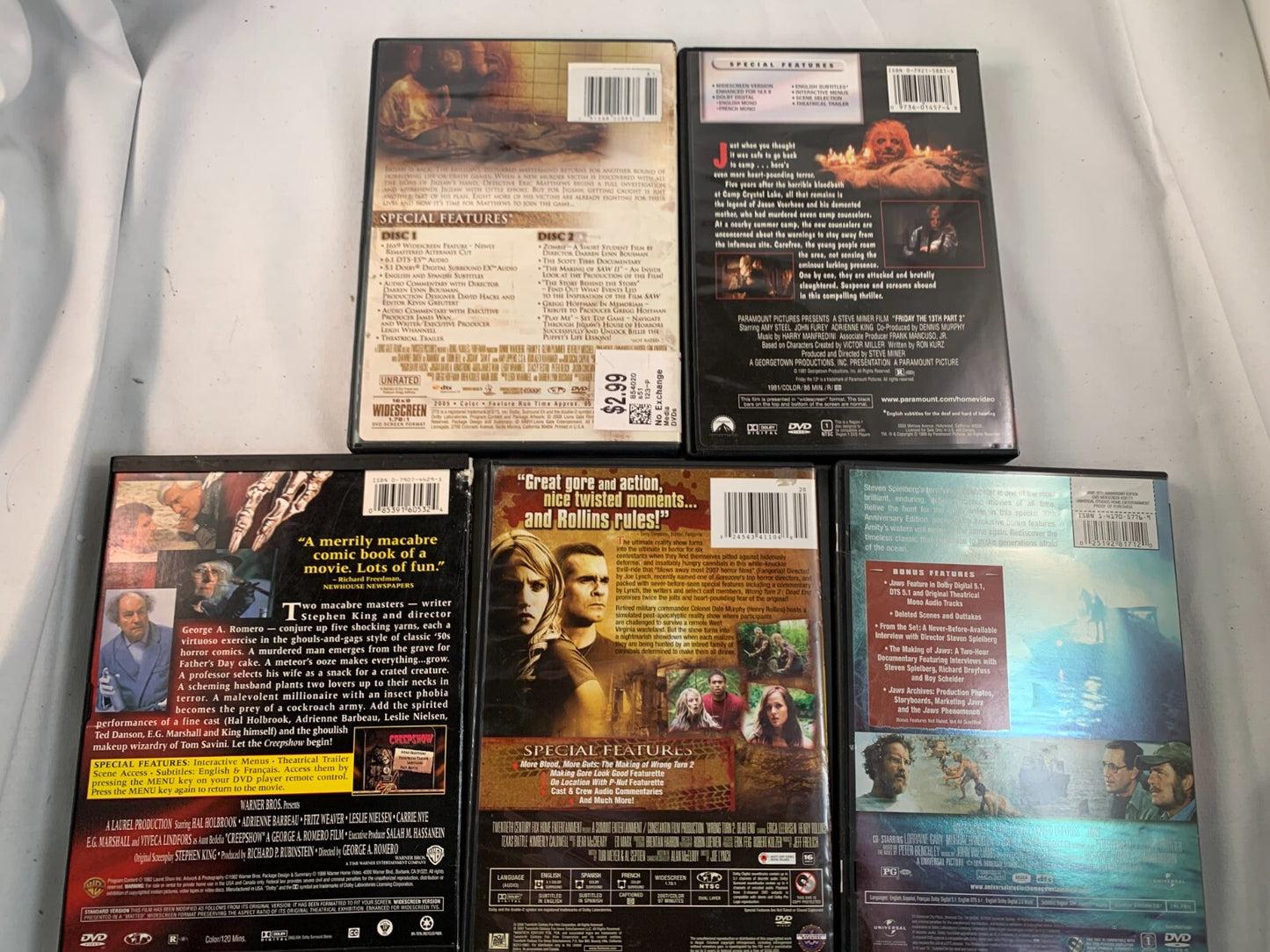Saw II/Jaws/Creepshow/Friday the 13th Part 2, Wrong Turn 2 (DVD Horror lot)