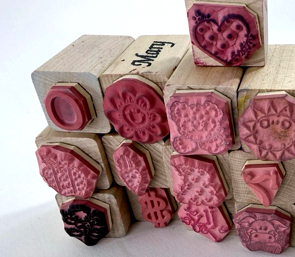 19 Pcs. Vintage Mini Wood Mounted Stamps -  Numbers Flowers Expressions Animals