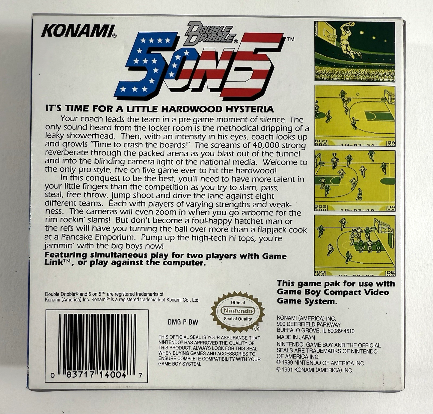 Double Dribble 5 on 5 (Nintendo GameBoy, 1991) Game Box Manual Inserts Reg. Card