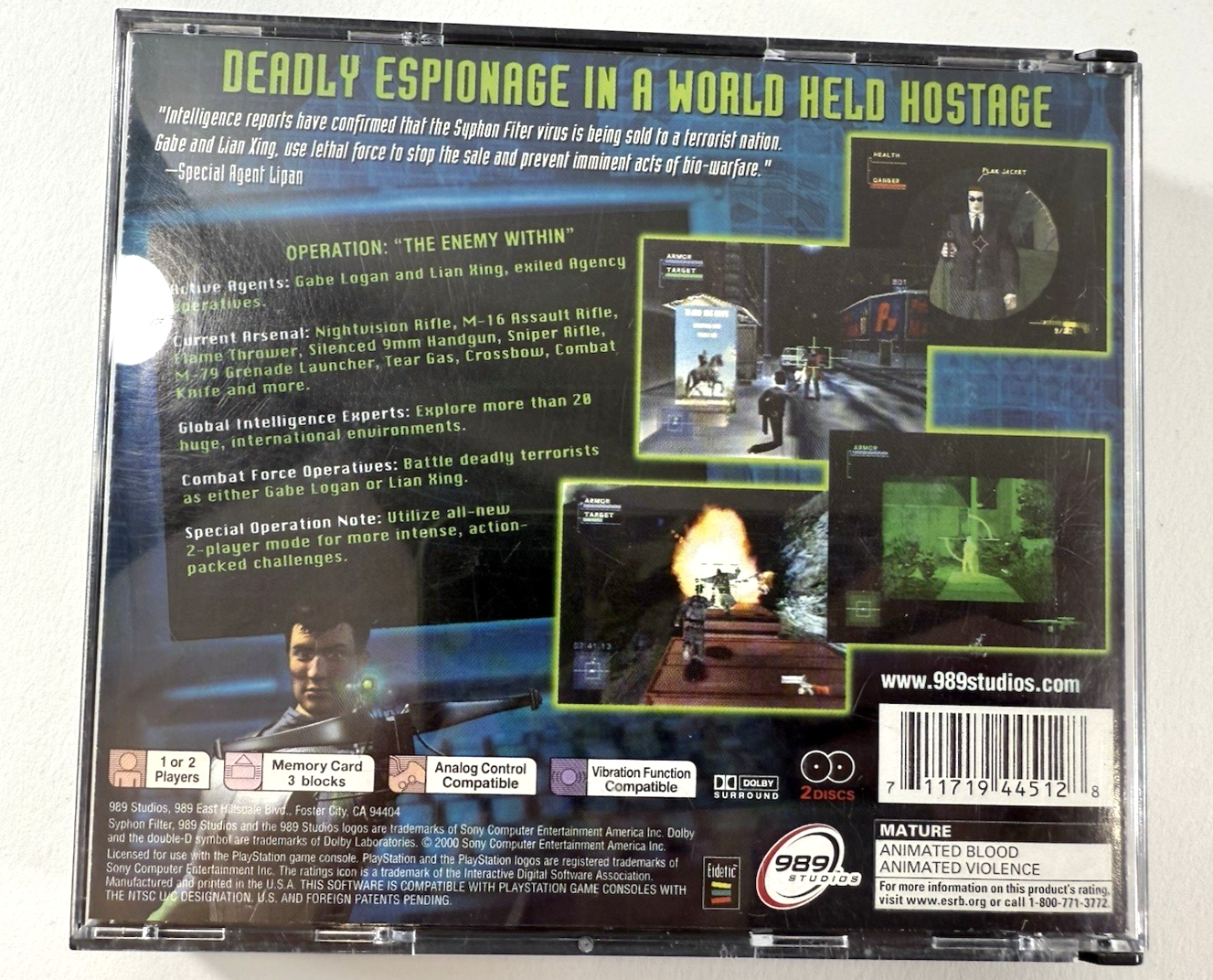 Syphon Filter 2 (Sony PlayStation 1, 2000) Game Discs, Case, Manual - Tested