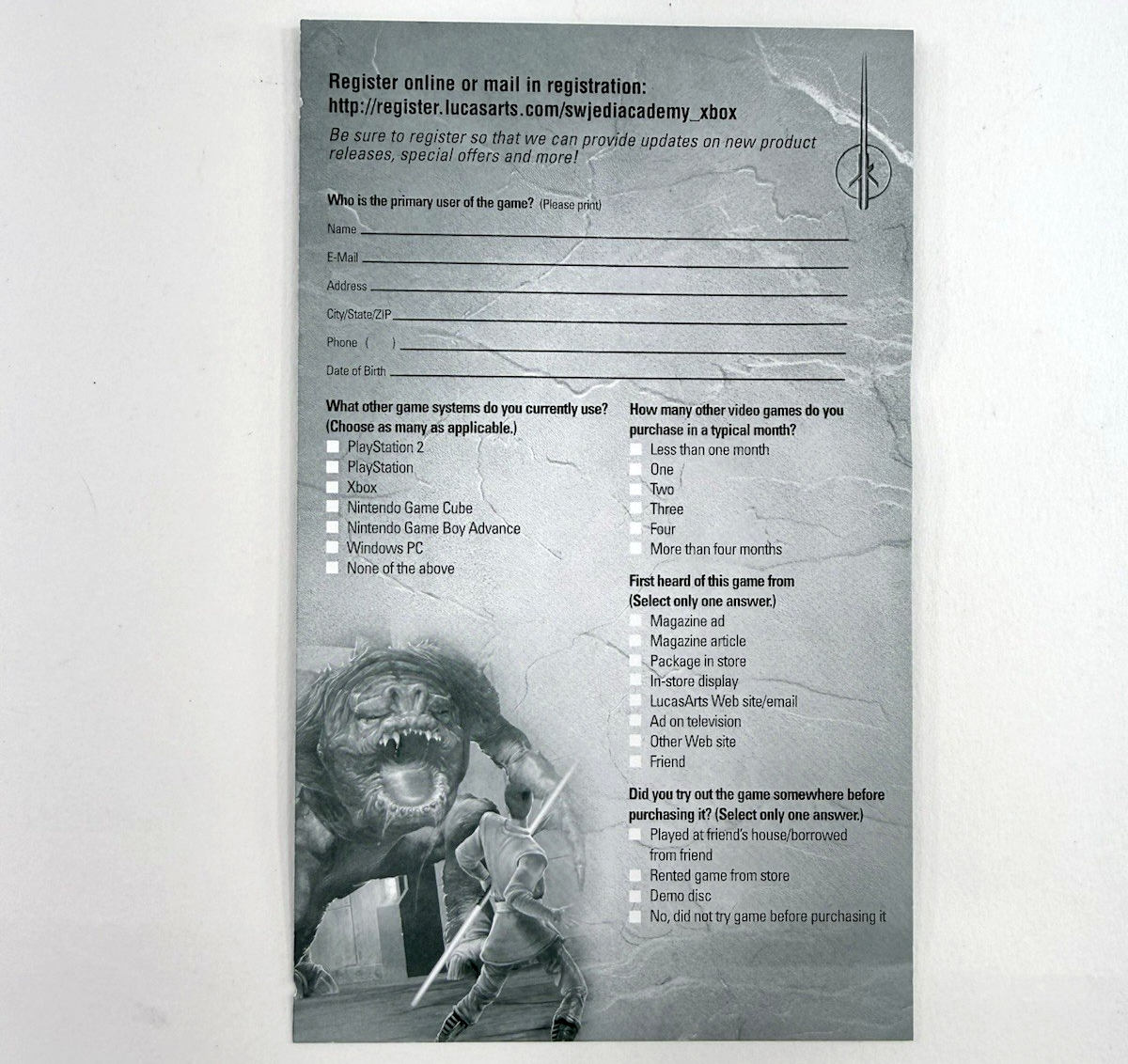 Star Wars Jedi Knight: Jedi Academy (Xbox, 2003) Game Case Manual Registration