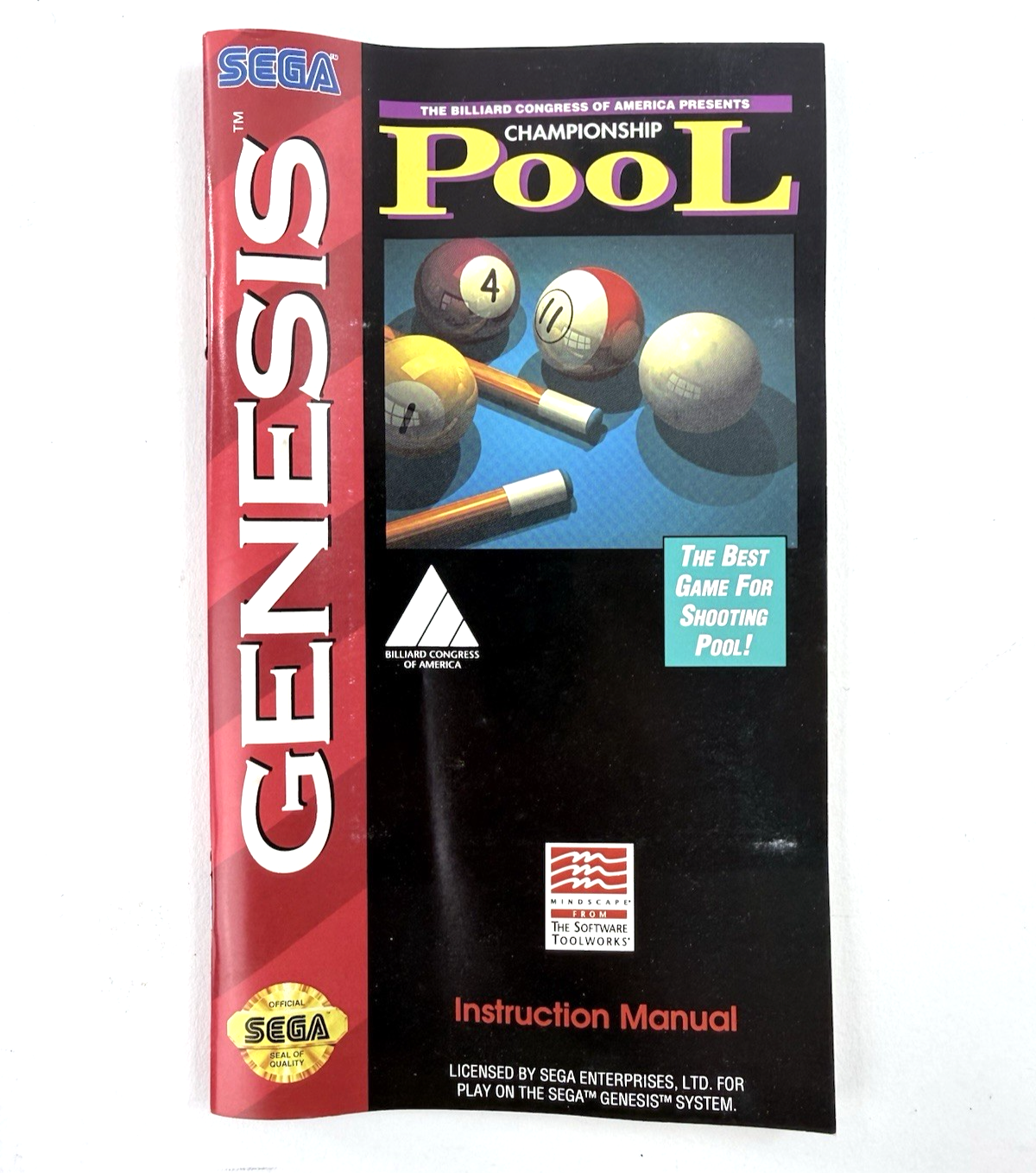 Championship Pool (Sega Genesis, 1993) Game Case Manual - Tested and Working