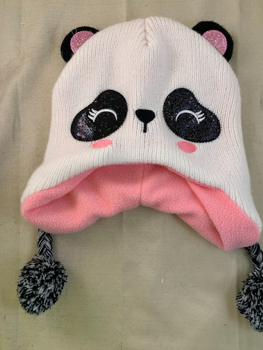 Girl's Knit Hat White & Black Panda Fleece-Lined Warm Kawaii