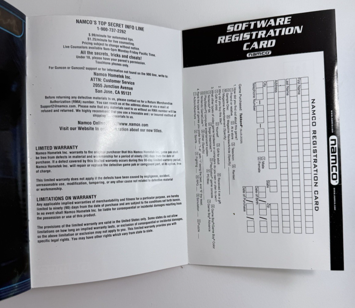 Tekken 4 (Sony PlayStation 2, 2002) Game Case Manual Registration Card - Tested