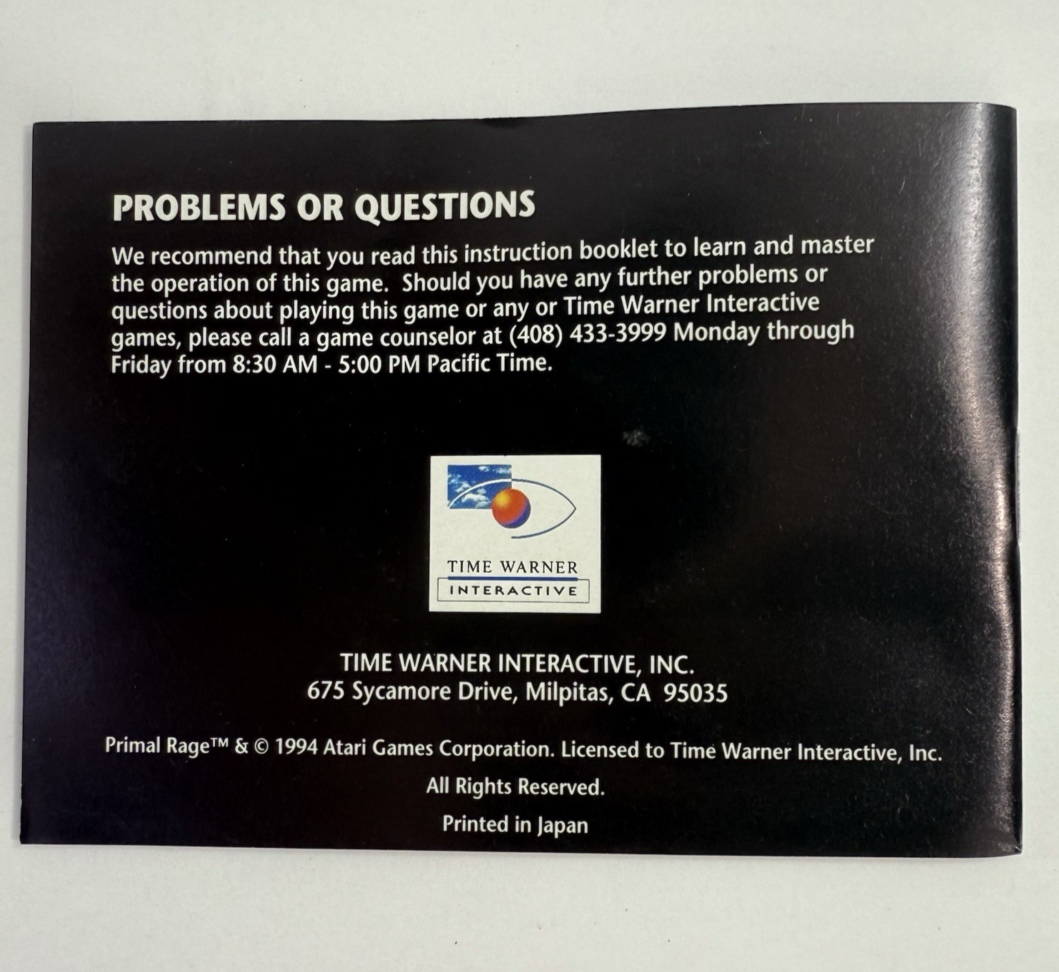 Primal Rage (Nintendo GameBoy, 1995) Game Box Manual Inserts - Tested & Working